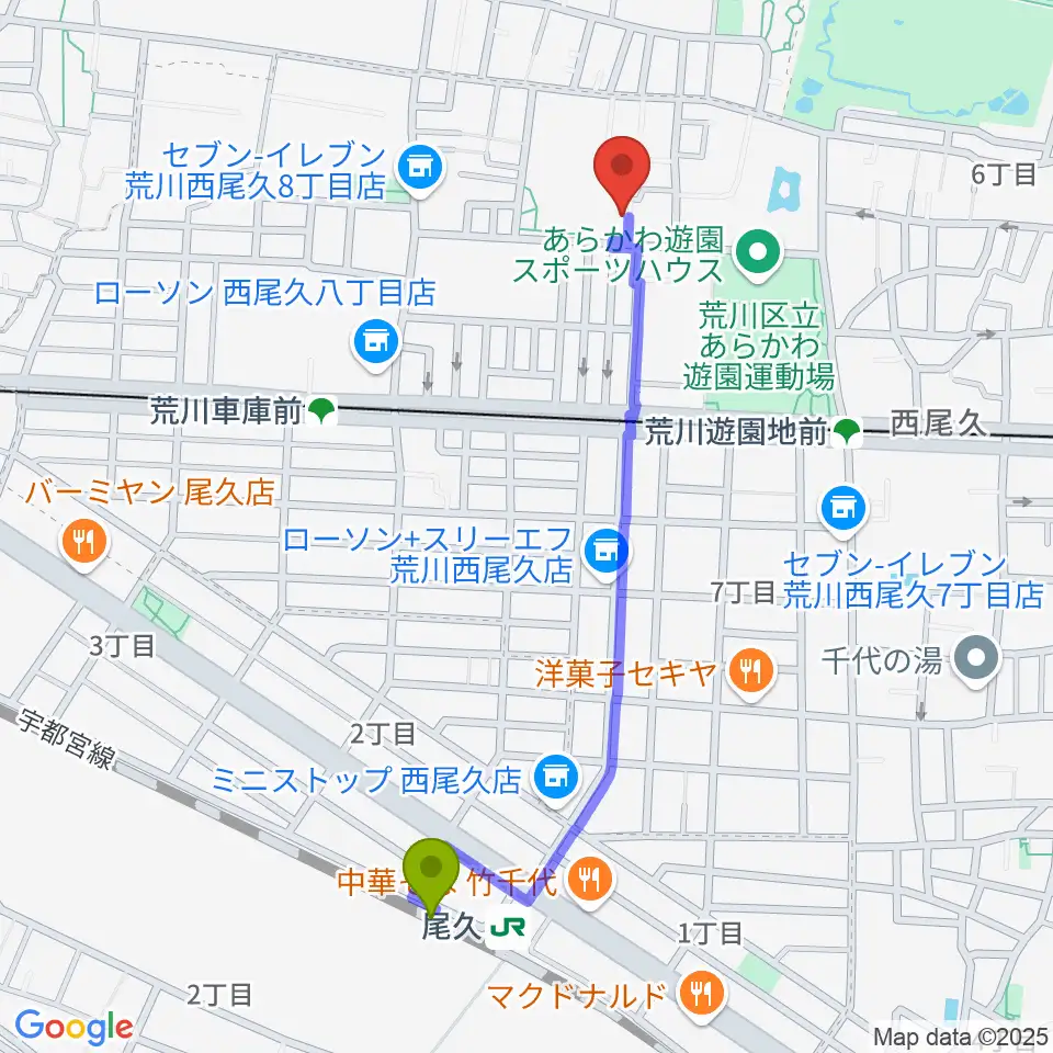 尾久駅からポップコアスタジオへのルートマップ地図