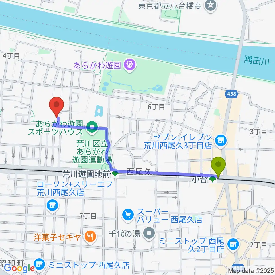 小台駅からポップコアスタジオへのルートマップ地図