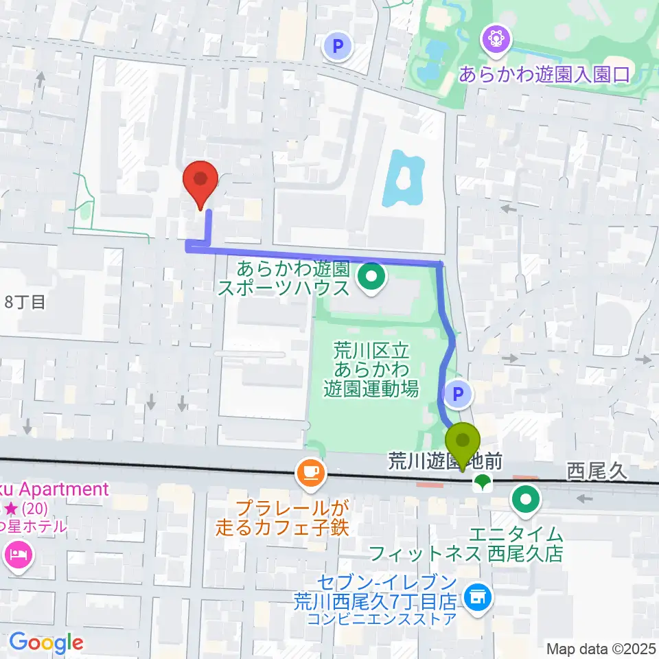 ポップコアスタジオの最寄駅荒川遊園地前駅からの徒歩ルート（約4分）地図