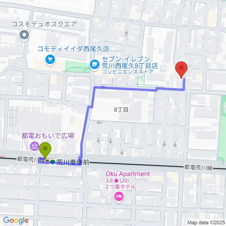 荒川車庫前駅からポップコアスタジオへのルートマップ地図