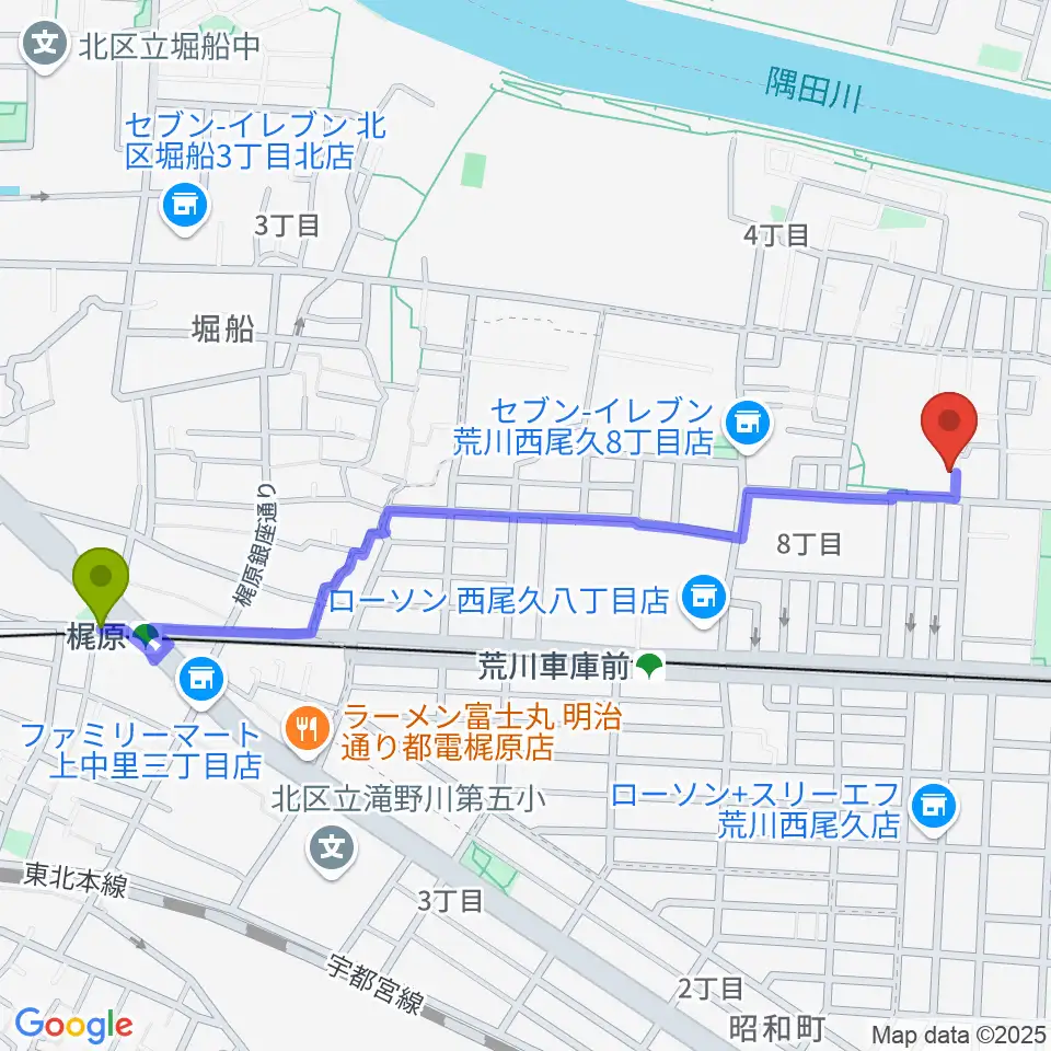 梶原駅からポップコアスタジオへのルートマップ地図