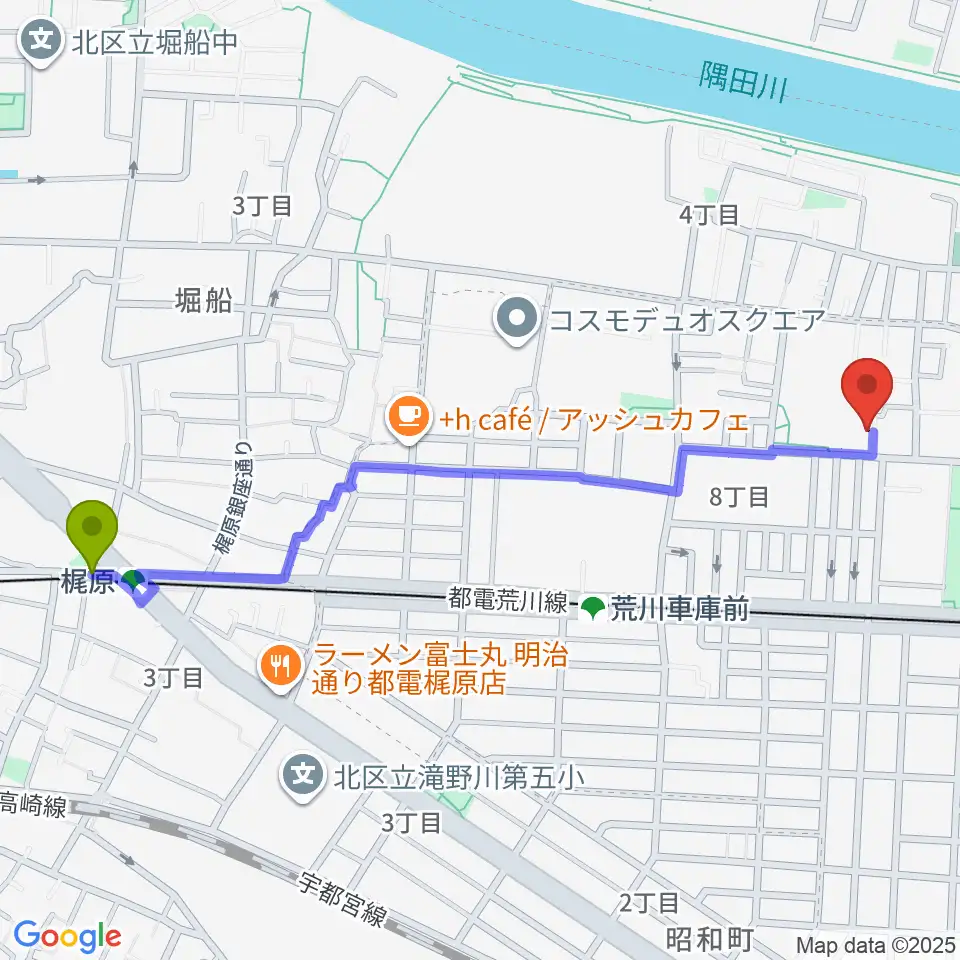 梶原駅からポップコアスタジオへのルートマップ地図