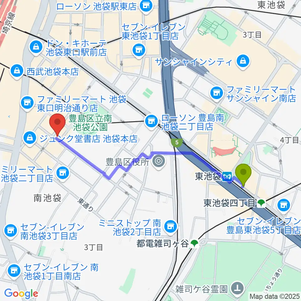 東池袋駅からミヤザワフルート アトリエ東京へのルートマップ地図