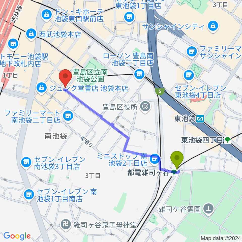 都電雑司ヶ谷駅からミヤザワフルート アトリエ東京へのルートマップ地図