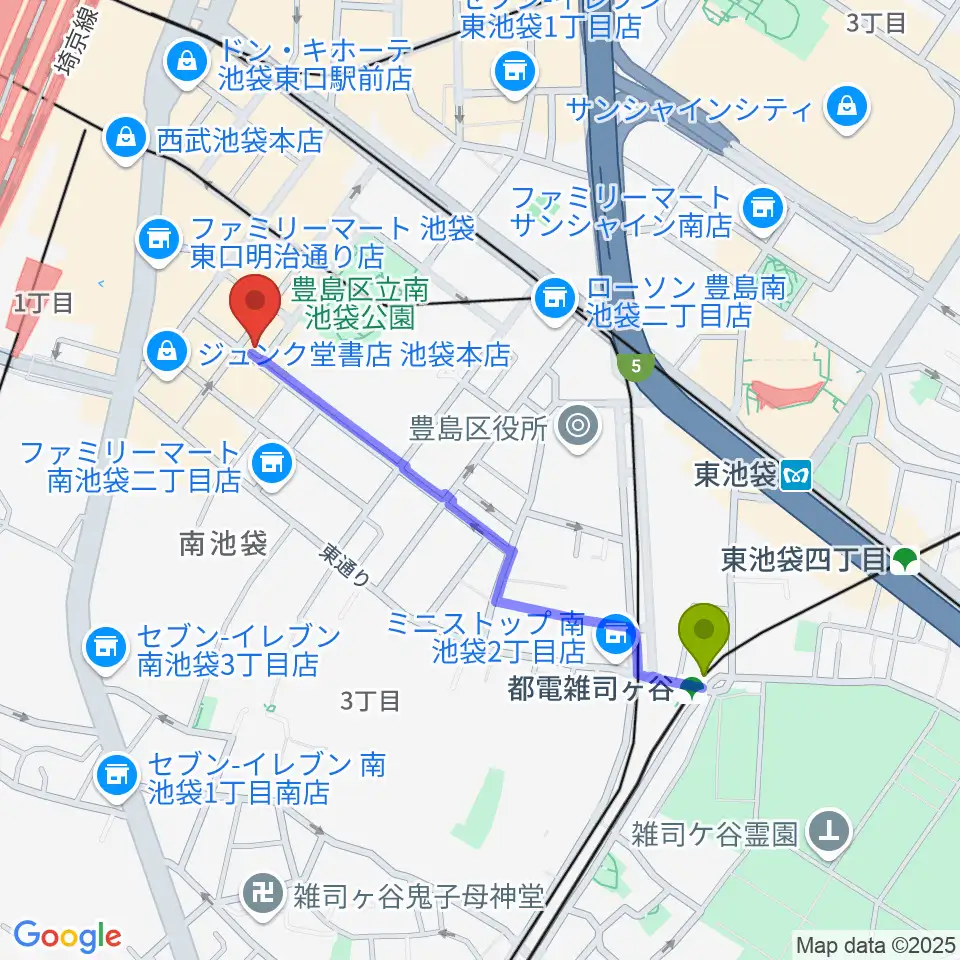 都電雑司ヶ谷駅からミヤザワフルート アトリエ東京へのルートマップ地図