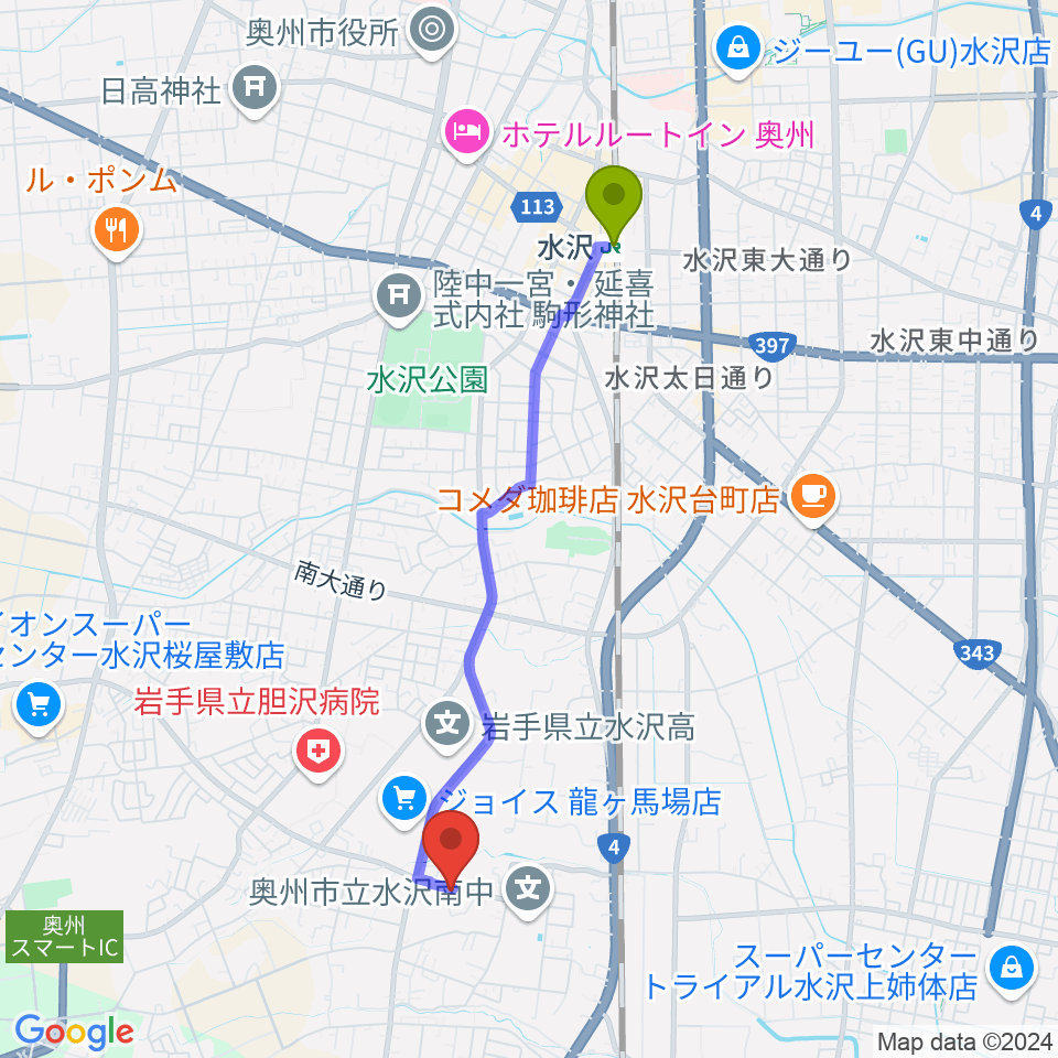 音楽の森ヴァース音楽院の最寄駅水沢駅からの徒歩ルート（約37分）地図