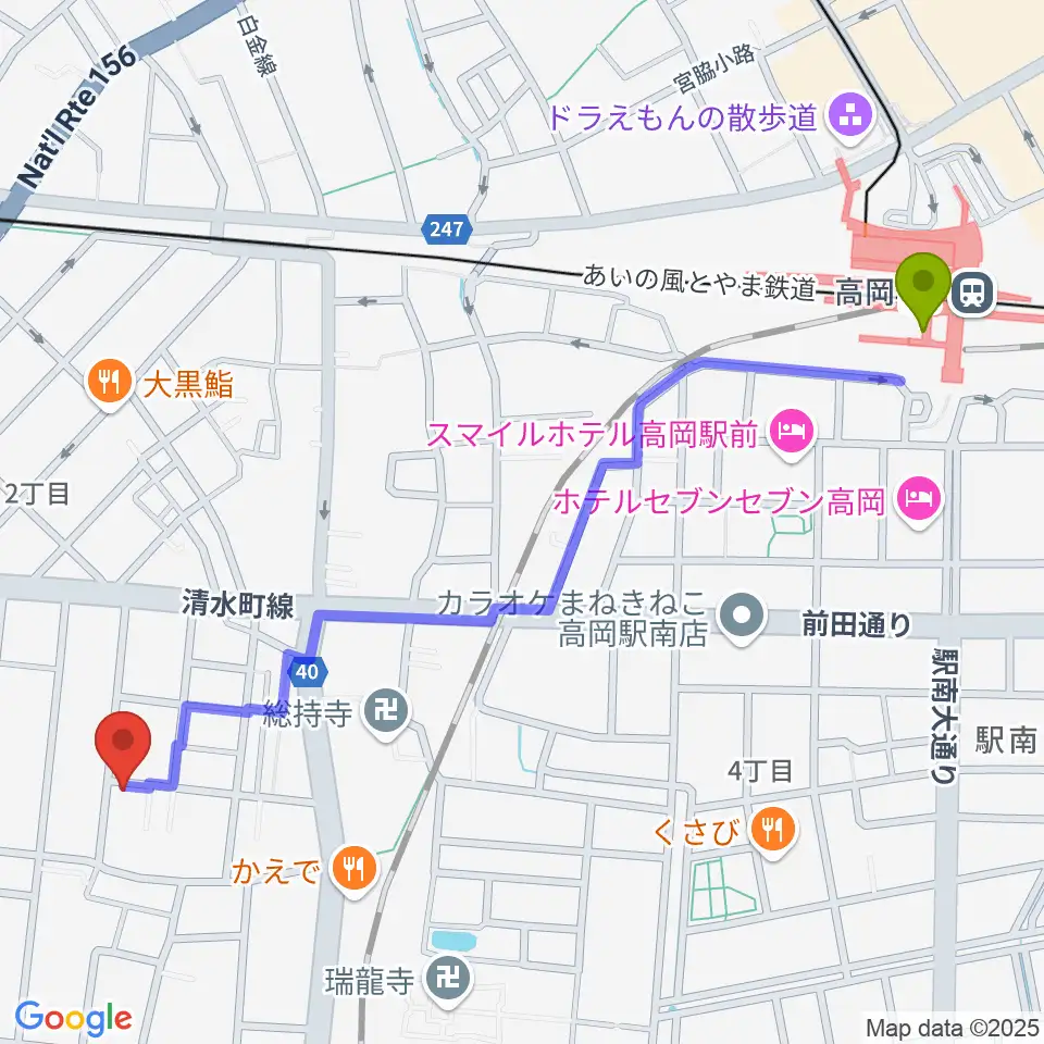 ウィンズラボの最寄駅高岡駅からの徒歩ルート（約14分）地図