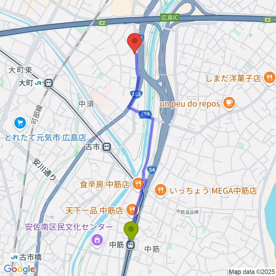 中筋駅からホックミュージックグループへのルートマップ地図