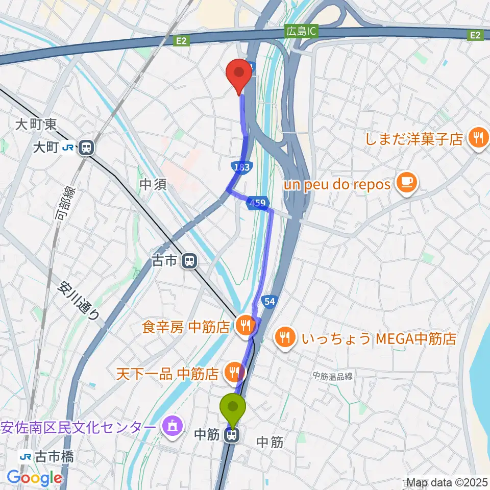 中筋駅からホックミュージックグループへのルートマップ地図
