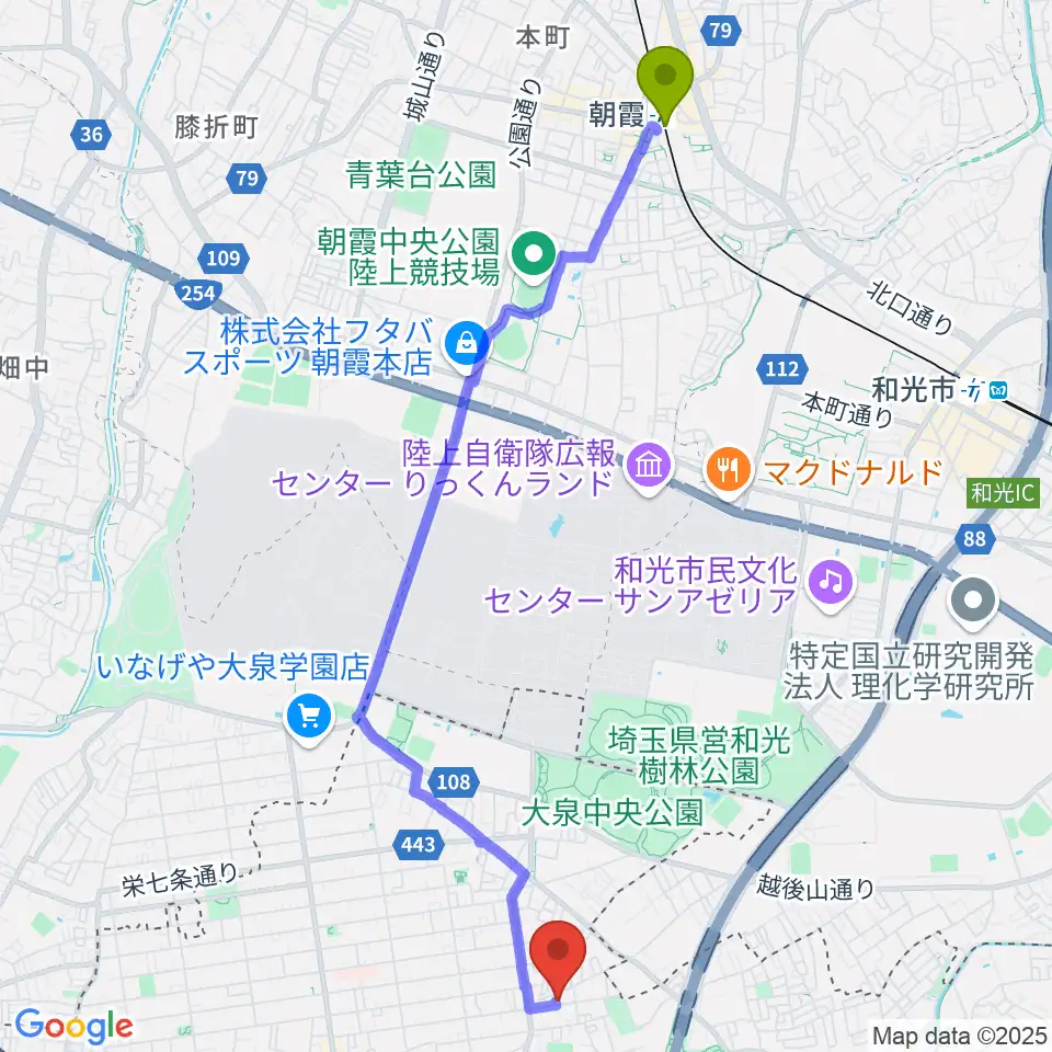 朝霞駅からアキヤマフルートへのルートマップ地図