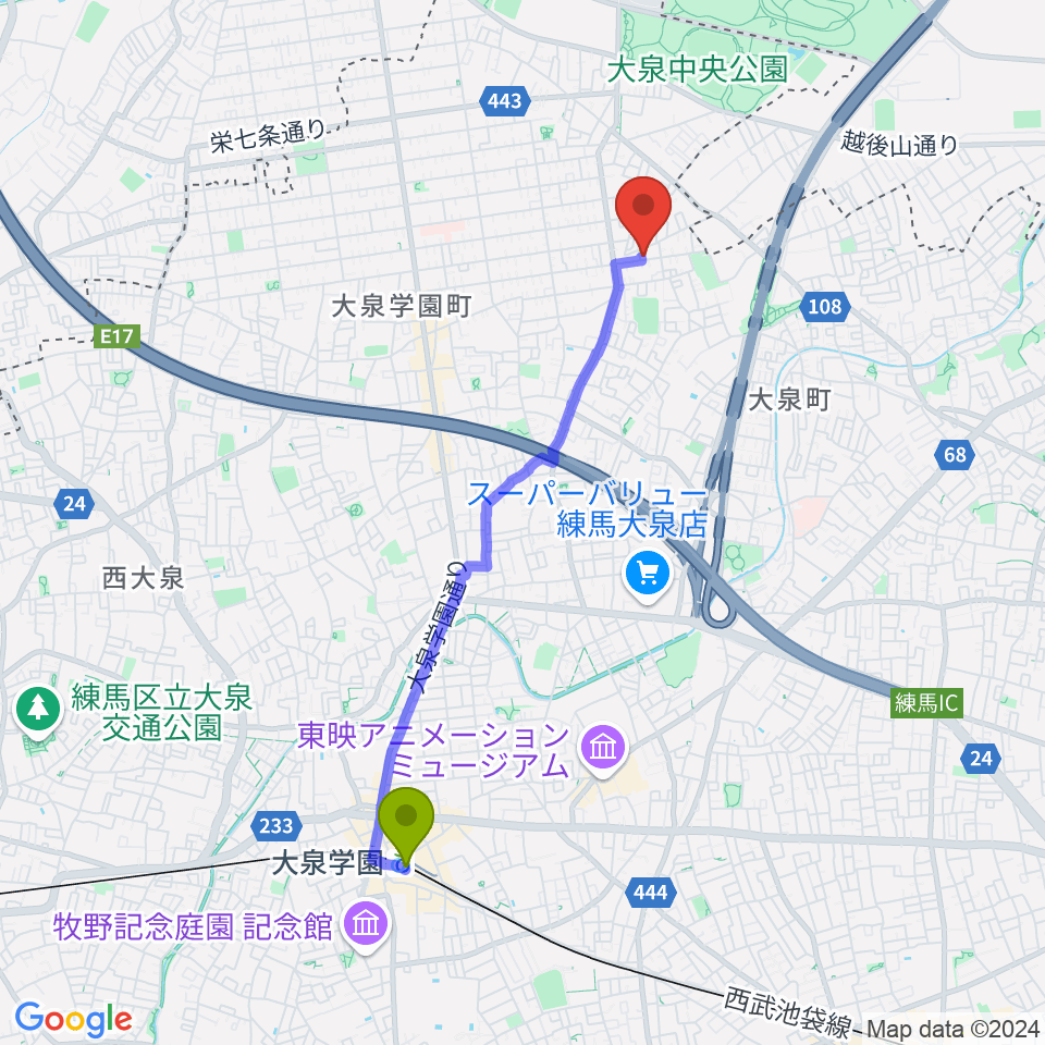 アキヤマフルートの最寄駅大泉学園駅からの徒歩ルート（約39分）地図