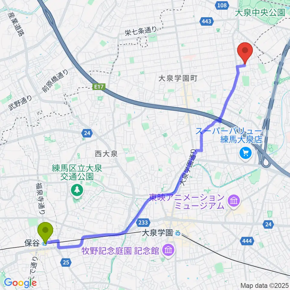 保谷駅からアキヤマフルートへのルートマップ地図