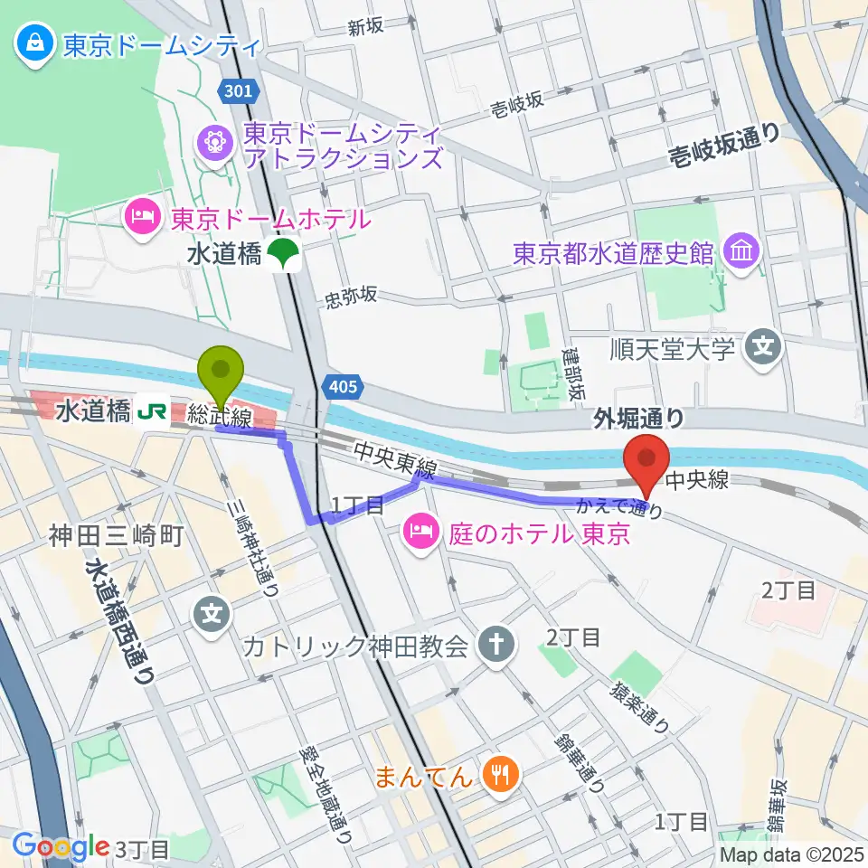 スズキ・メソードお茶の水センター教室の最寄駅水道橋駅からの徒歩ルート（約8分）地図