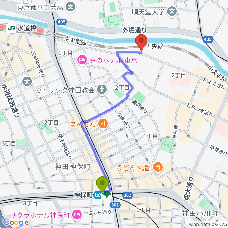 神保町駅からスズキ・メソードお茶の水センター教室へのルートマップ地図