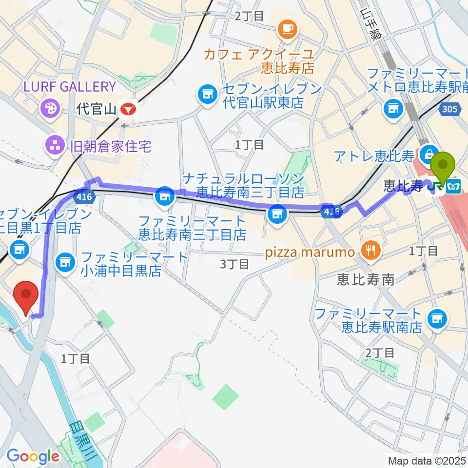 恵比寿駅からスズキ・メソード中目黒教室へのルートマップ地図
