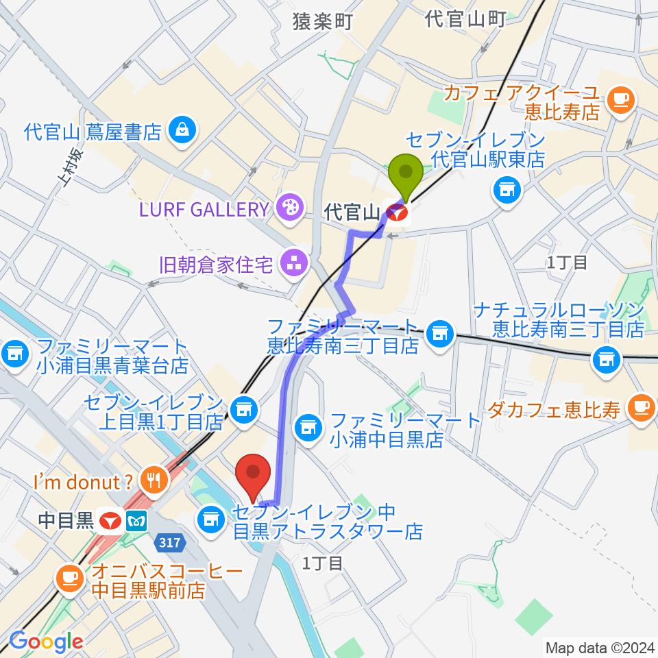 代官山駅からスズキ・メソード中目黒教室へのルートマップ地図