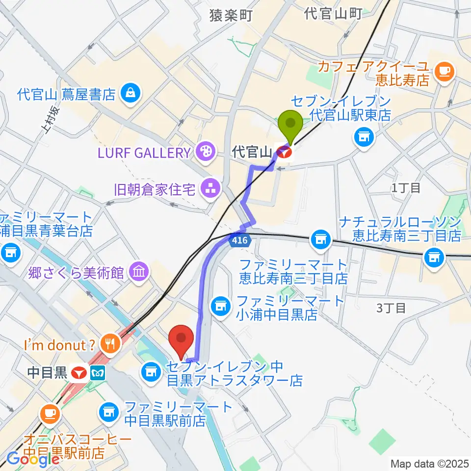 代官山駅からスズキ・メソード中目黒教室へのルートマップ地図