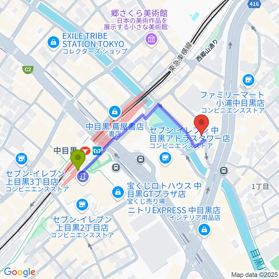 スズキ・メソード中目黒教室の最寄駅中目黒駅からの徒歩ルート（約4分）地図