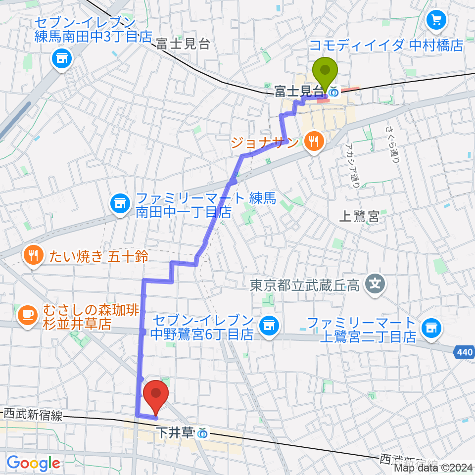 富士見台駅からジャパンロータリートランペットセンターへのルートマップ地図