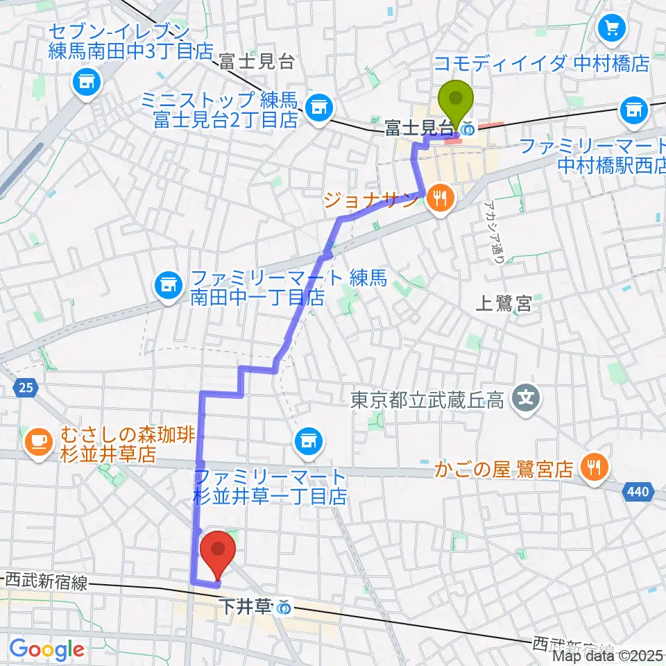 富士見台駅からジャパンロータリートランペットセンターへのルートマップ地図
