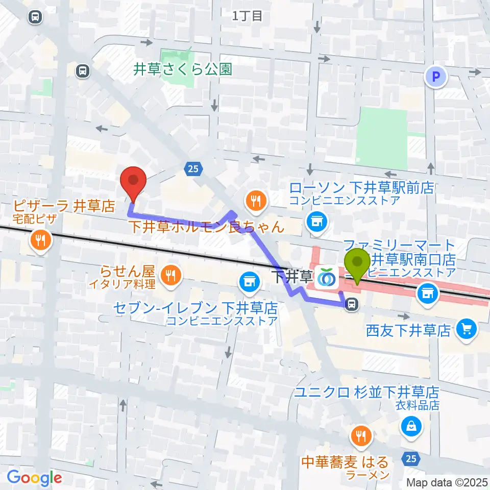 ジャパンロータリートランペットセンターの最寄駅下井草駅からの徒歩ルート（約4分）地図