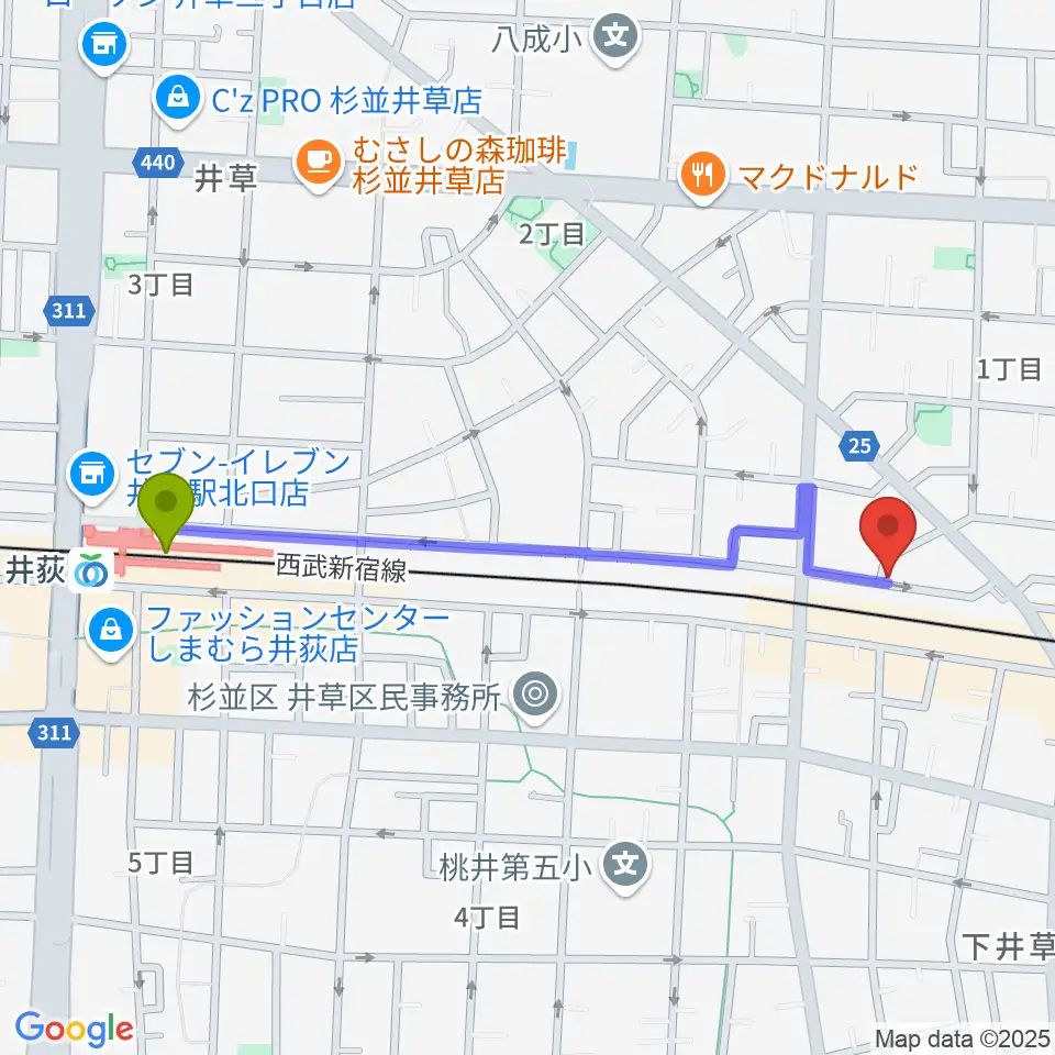 井荻駅からジャパンロータリートランペットセンターへのルートマップ地図