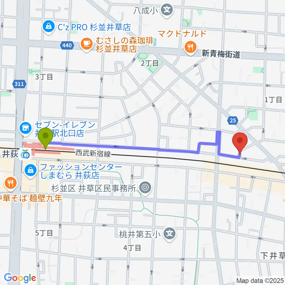 井荻駅からジャパンロータリートランペットセンターへのルートマップ地図