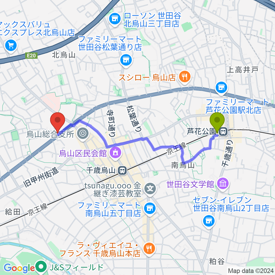 芦花公園駅からベヒシュタイン・ジャパン本社ショールームへのルートマップ地図