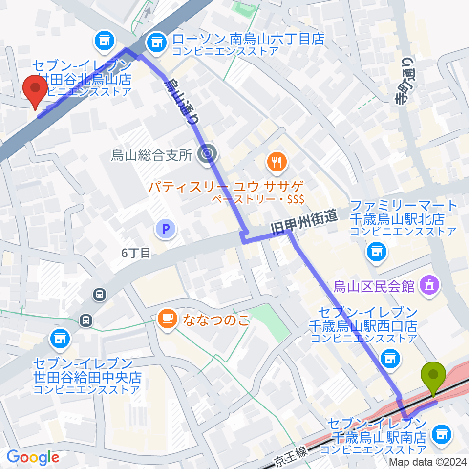 ベヒシュタイン・ジャパン本社ショールームの最寄駅千歳烏山駅からの徒歩ルート（約8分）地図