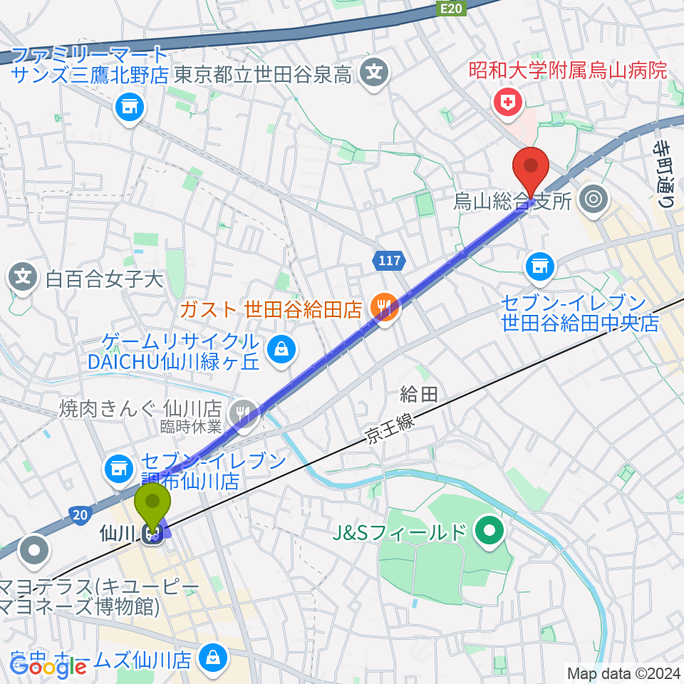 仙川駅からベヒシュタイン・ジャパン本社ショールームへのルートマップ地図