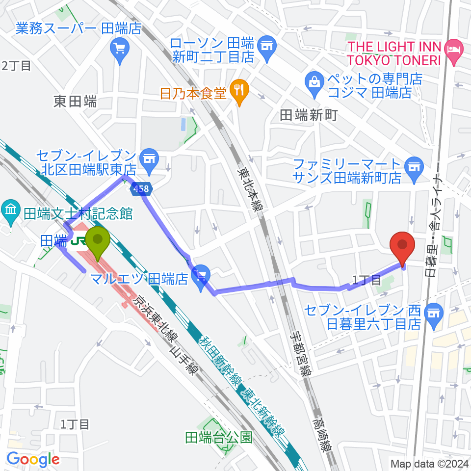 田端駅からナイトオカリナへのルートマップ地図