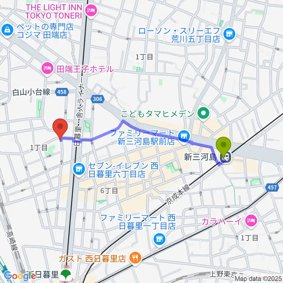 新三河島駅からナイトオカリナへのルートマップ地図