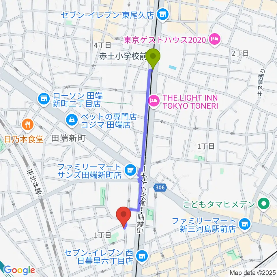 ナイトオカリナの最寄駅赤土小学校前駅からの徒歩ルート（約9分）地図