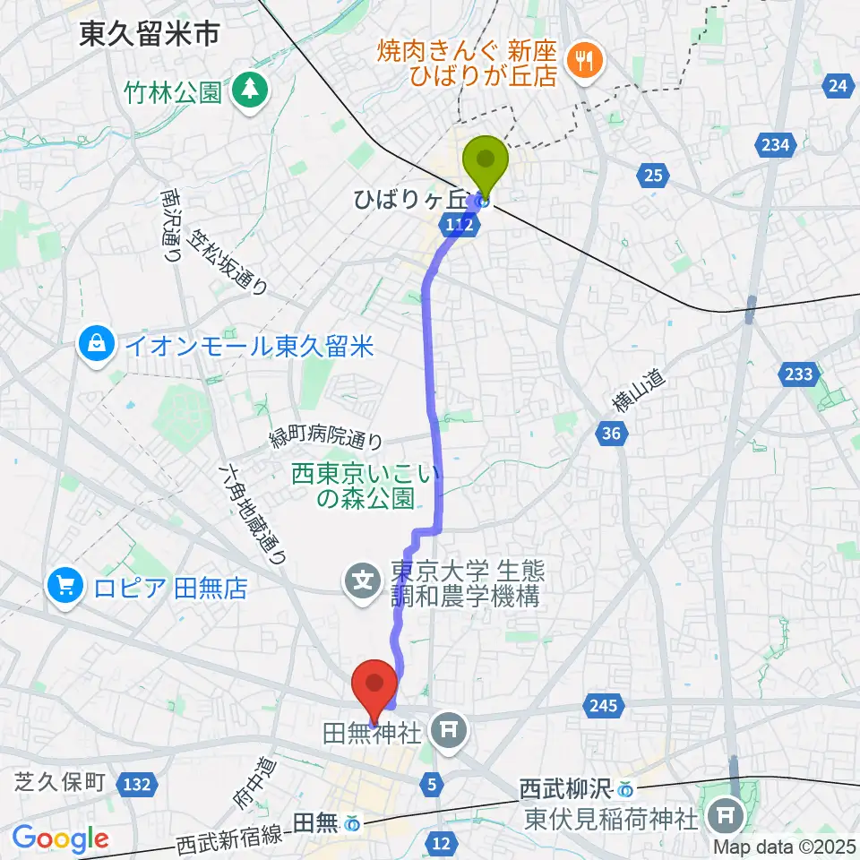 ひばりヶ丘駅からDCAKミュージックスクールへのルートマップ地図