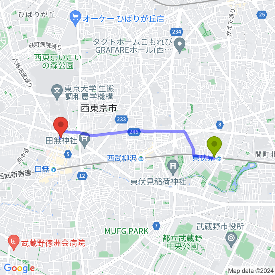 東伏見駅からDCAKミュージックスクールへのルートマップ地図