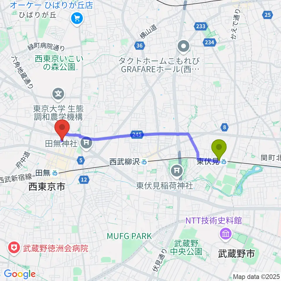 東伏見駅からDCAKミュージックスクールへのルートマップ地図