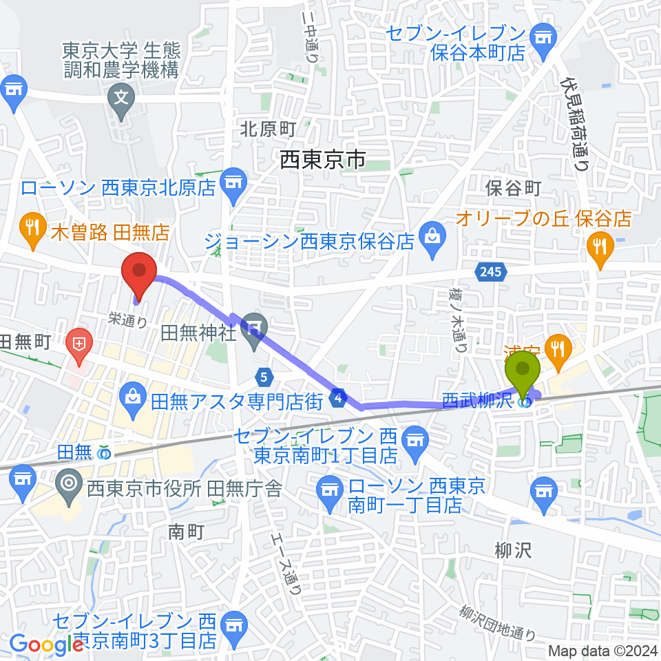 西武柳沢駅からDCAKミュージックスクールへのルートマップ地図