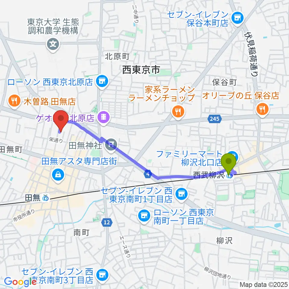 西武柳沢駅からDCAKミュージックスクールへのルートマップ地図