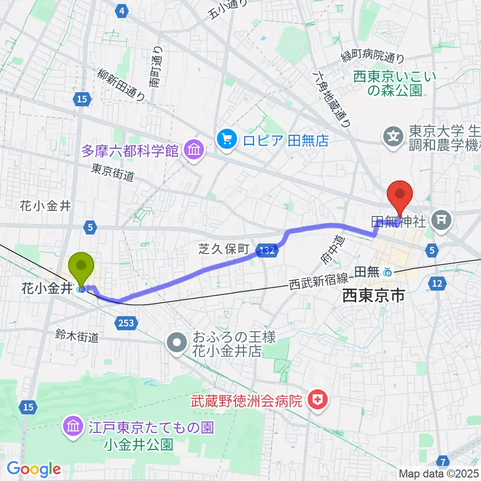 花小金井駅からDCAKミュージックスクールへのルートマップ地図