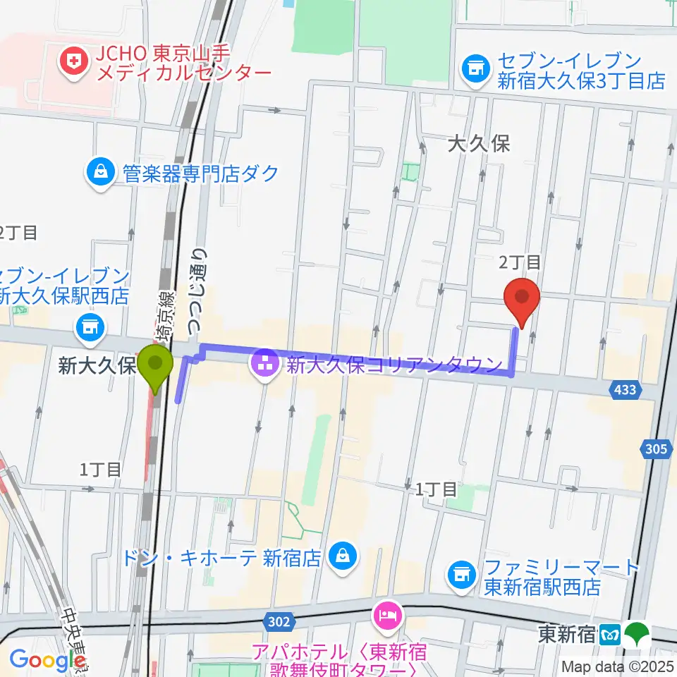 新大久保駅からグローバル管楽器技術学院へのルートマップ地図