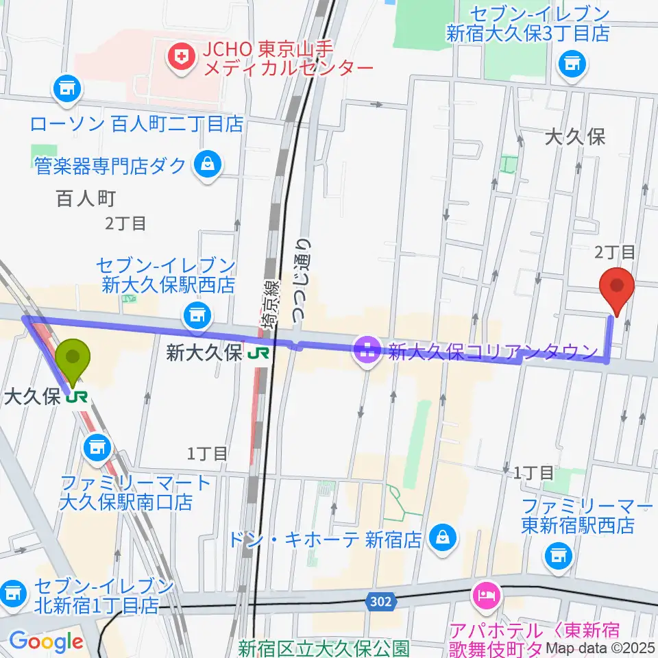 大久保駅からグローバル管楽器技術学院へのルートマップ地図