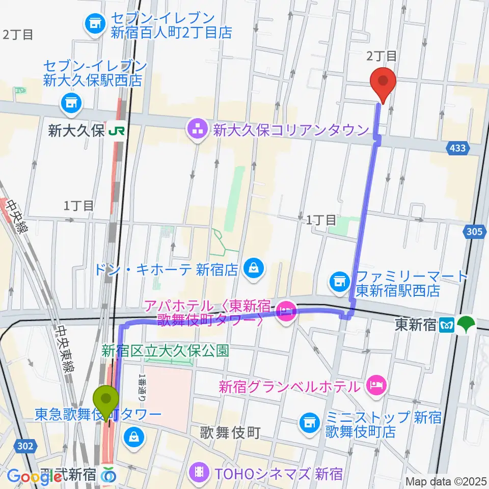 西武新宿駅からグローバル管楽器技術学院へのルートマップ地図