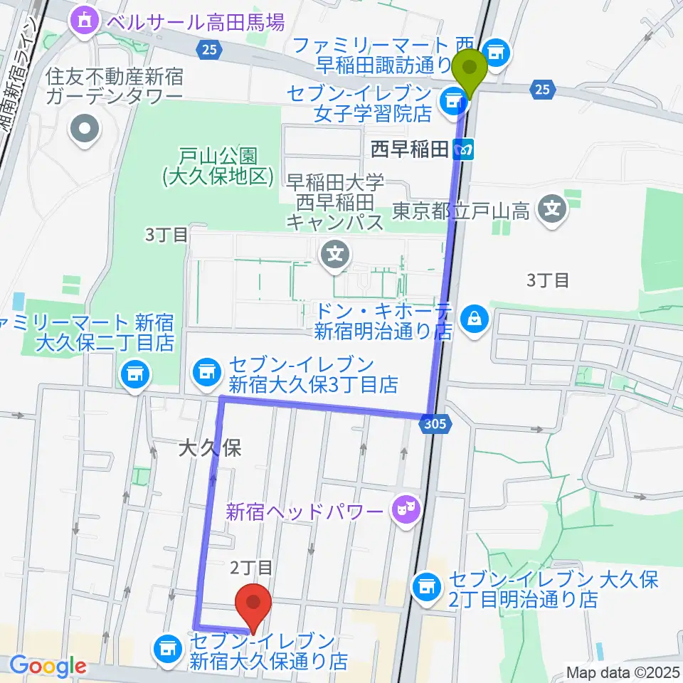 西早稲田駅からグローバル管楽器技術学院へのルートマップ地図