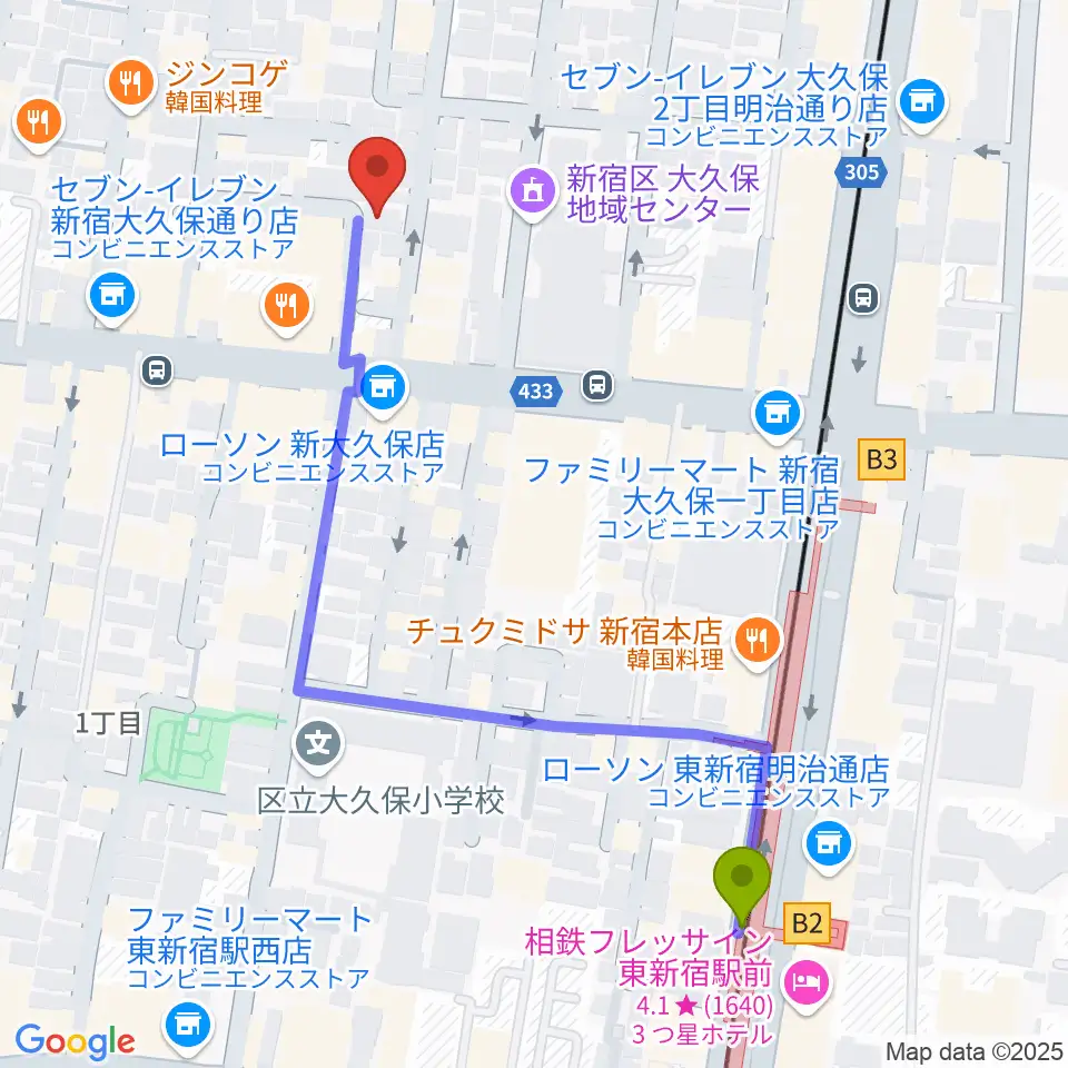 グローバル管楽器技術学院の最寄駅東新宿駅からの徒歩ルート（約6分）地図