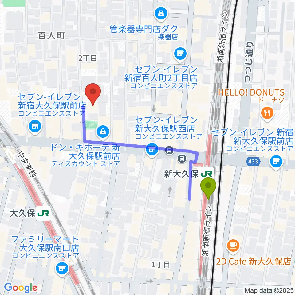 新大久保駅から株式会社グローバルへのルートマップ地図