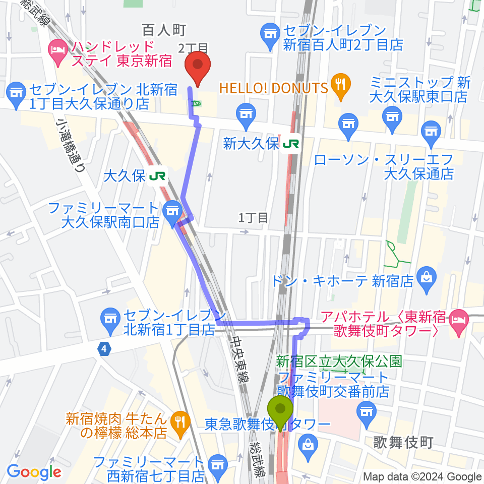 西武新宿駅から株式会社グローバルへのルートマップ地図