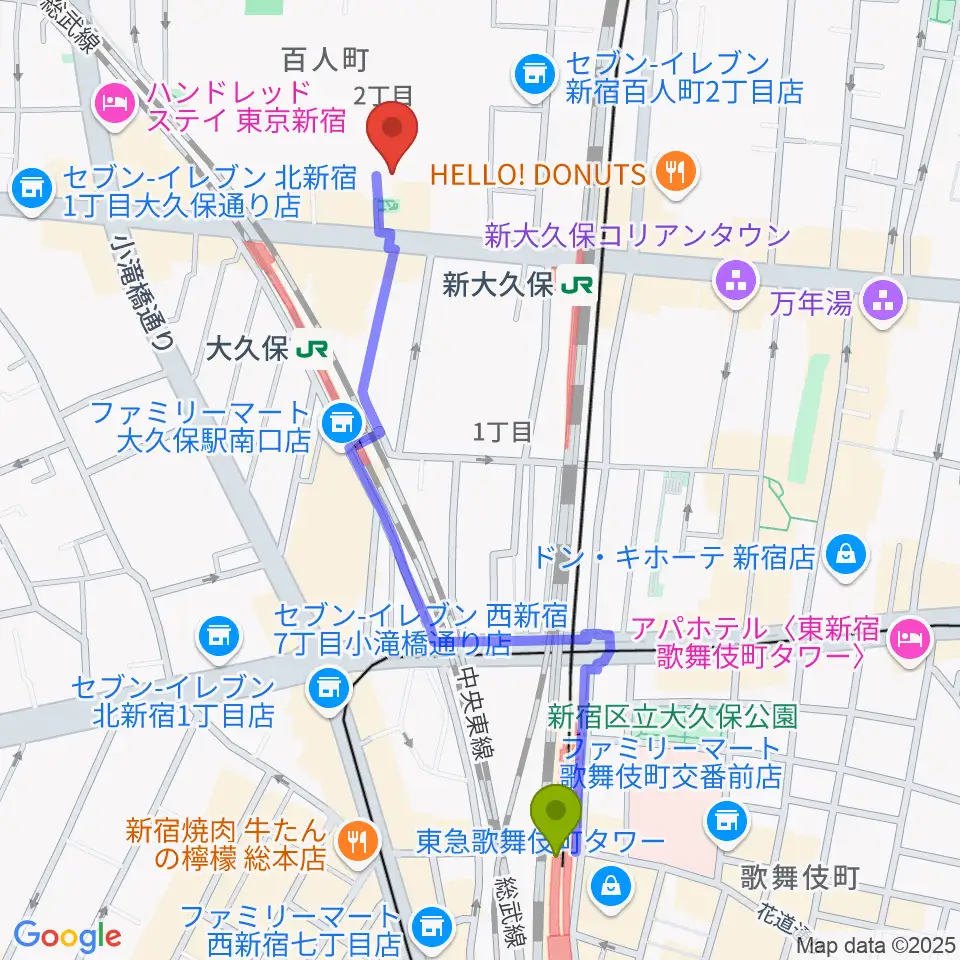 西武新宿駅から株式会社グローバルへのルートマップ地図