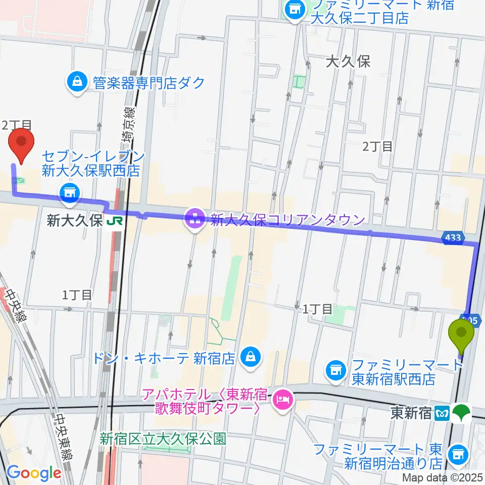 東新宿駅から株式会社グローバルへのルートマップ地図