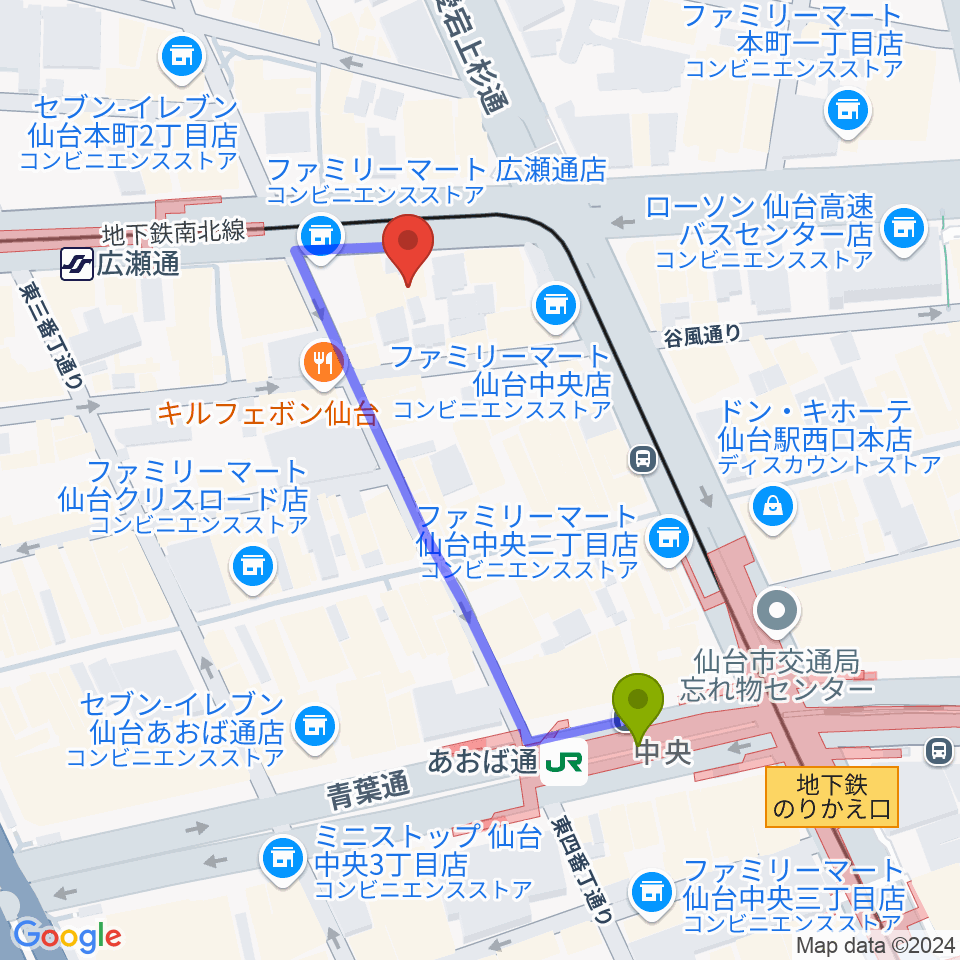 あおば通駅からグレースハープ仙台店へのルートマップ地図