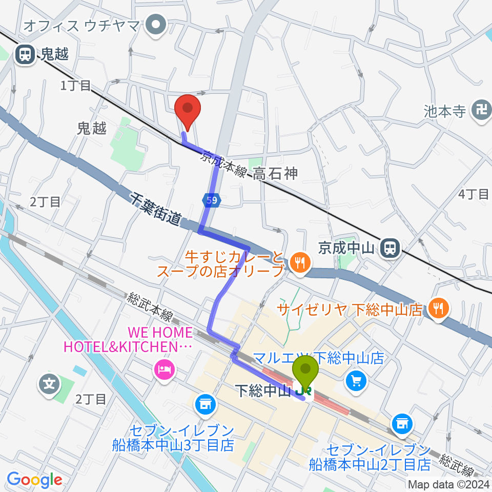 下総中山駅からベル音楽教室へのルートマップ地図